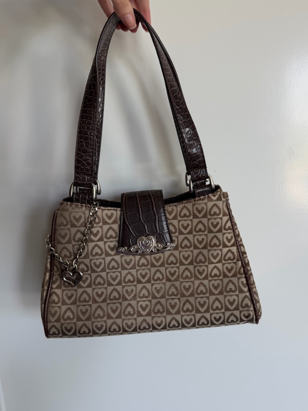 Brown Heart-Pattern Shoulder Bag with Dark Brown Trim